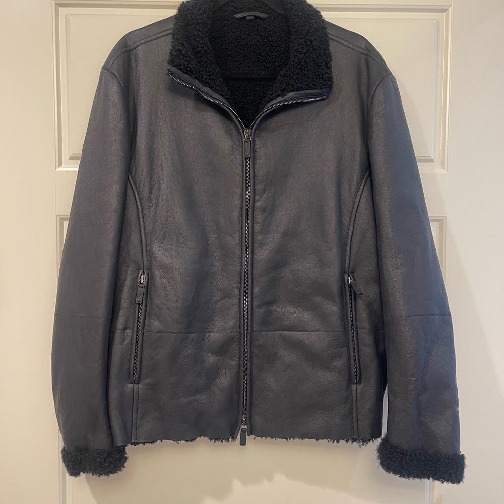 Men's Black Leather Shearling Jacket - Giorgio Armani